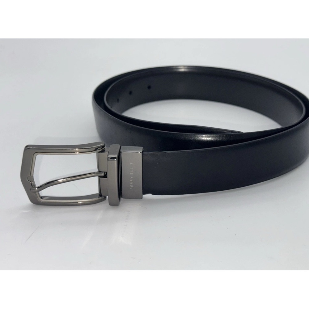 Perry Ellis Silver Buckle Black Leather Dress Suit Belt Men's Size 42 105 Large